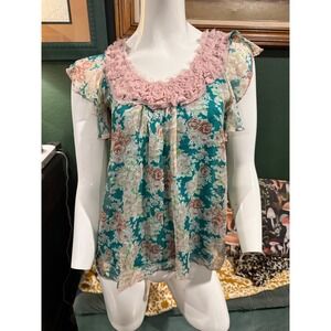 Sushi Flower Teal Pink Floral Chiffon Crochet Trim‎ Flutter Sleeve Blouse Medium